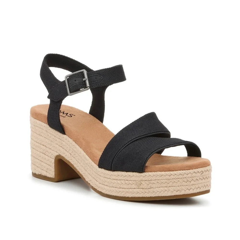 Toms Kiki Sandals Womans US 6.5 Black Ankle Strap Block Heel Espadrille HTAT1457